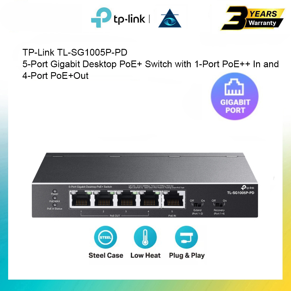 TP-Link TL-SG1005P-PD 5-Port Gigabit Desktop PoE+ Switch with 1-Port ...