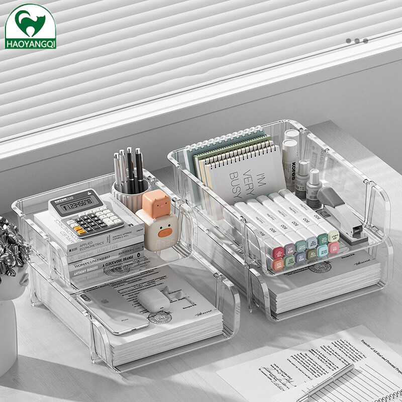 Storage rack transparent Desktop storage box File storage rack Office storage shelf Dust prevention punch-free stackable PET Data organizer Storage box