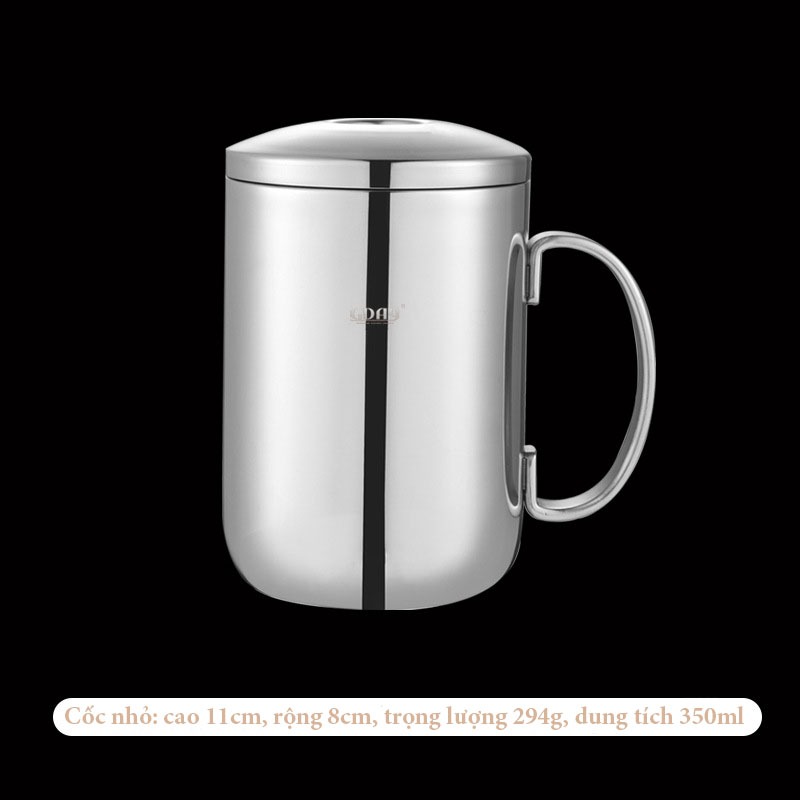 Cốc inox cách nhiệt 2 lớp tay cầm, ca có nắp lồi cao cấp - LOKING