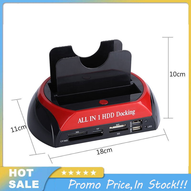 Dual Slots SATA Hard Drive Docking Station Card Reader for 2.5" 3.5" HDD