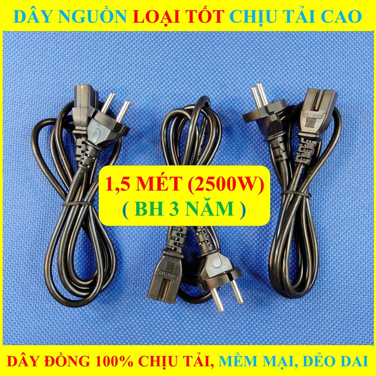 1,5 MÉT Dây nguồn máy tính, nồi cơm điện, máy in chịu tải cao 2500W đầu tròn (BH 3 NĂM) HÀNG LOẠI TỐT CAO CẤP ( BỘ 1 SP )