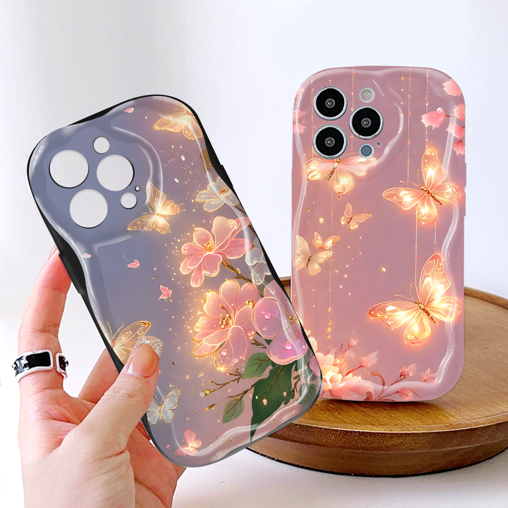 FELMYST for Redmi 14C Back Cover Pink Butterfly Cream Texture Wavy Edge Soft Silicone Phone Case.