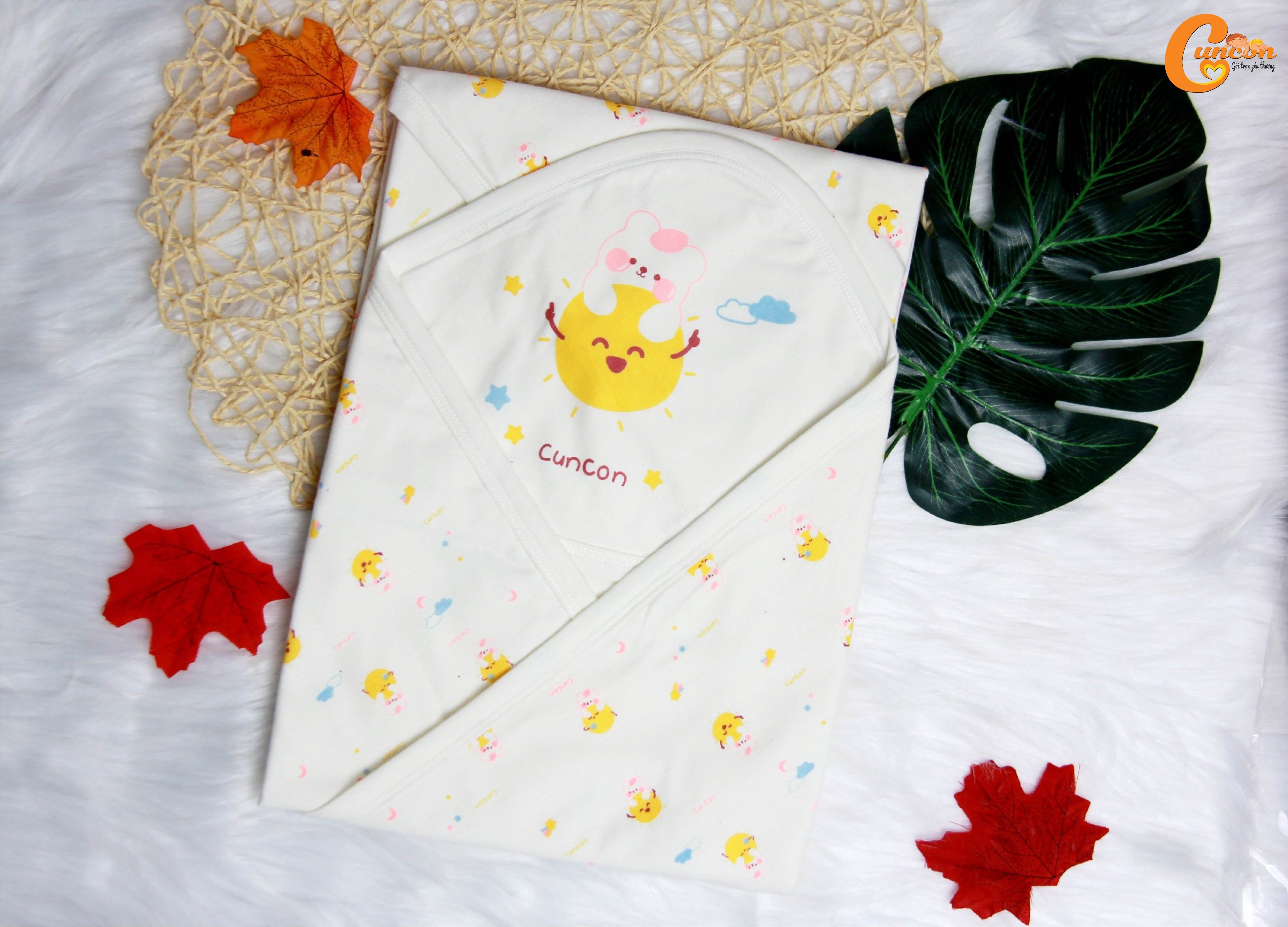 (KT 75x78cm) KHĂN Ủ CHOÀNG SƠ SINH CÓ NÓN CHO BÉ - HIỆU CÚN CON