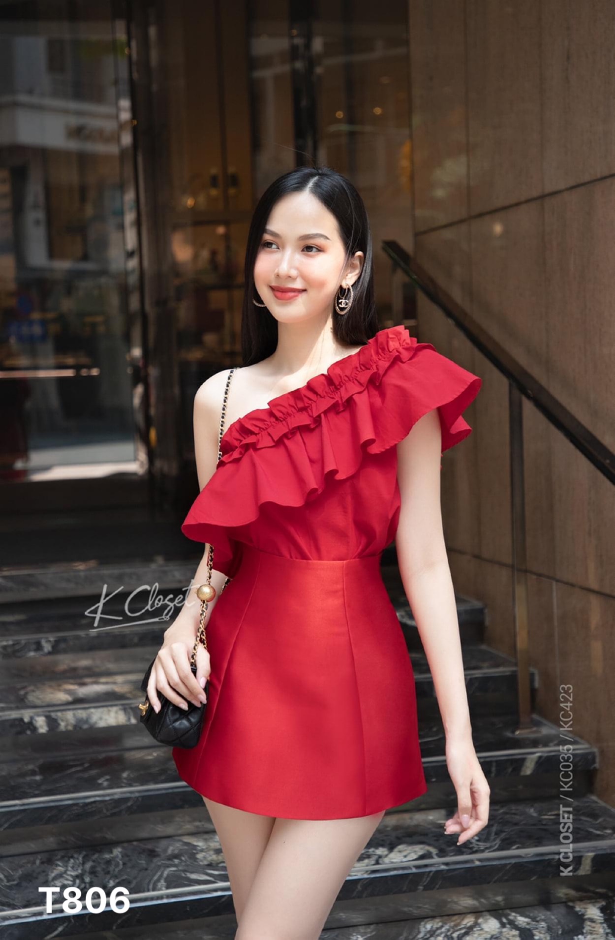 [Free ship] Set áo lệch vai bèo kèm chân váy xếp ly trơn cotton lạnh T806