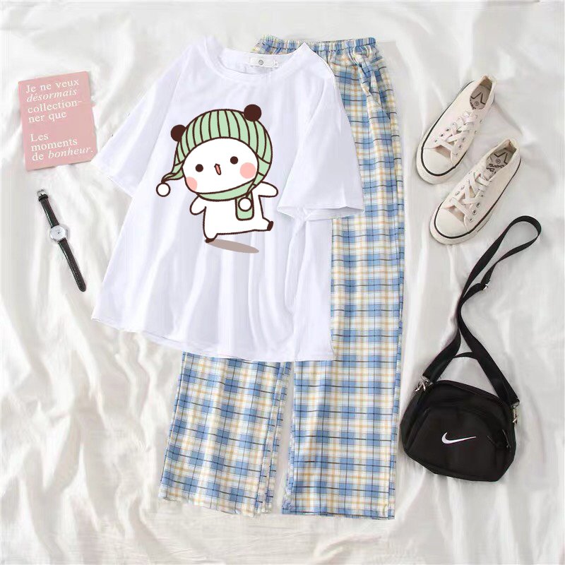 Sét áo gấu đội mũ kèm quần kẻ siêu cute