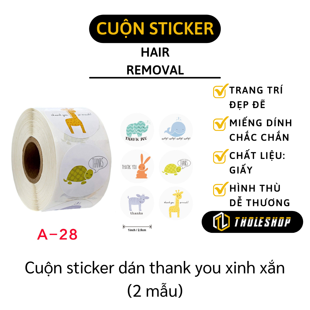 Cuộn băng keo tem dán - Cuộn 500 sticker trang trí hộp bánh, gói quà chữ Thankyou và động vật