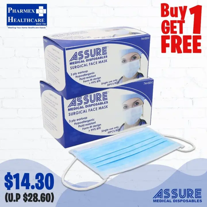 Buy 1 Get 1 Assure Surgical Face Mask Adult 3 Ply Earloop 50 Pcs Box Pharmex Healthcare Lazada Singapore