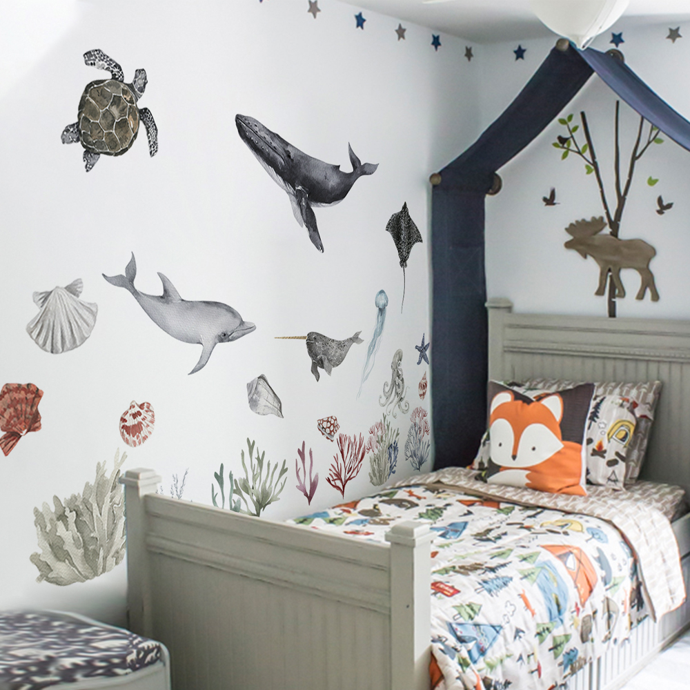 Kids%20Rooms%20Decoration%20Underwater%20World%20Theme%20Whale%20Dolphin%20Shell%20Sea%20Animals%20DIY%20Composable%20Decal%20Self%20Adhesive%20Wall%20Stickers%20-%20Image%202