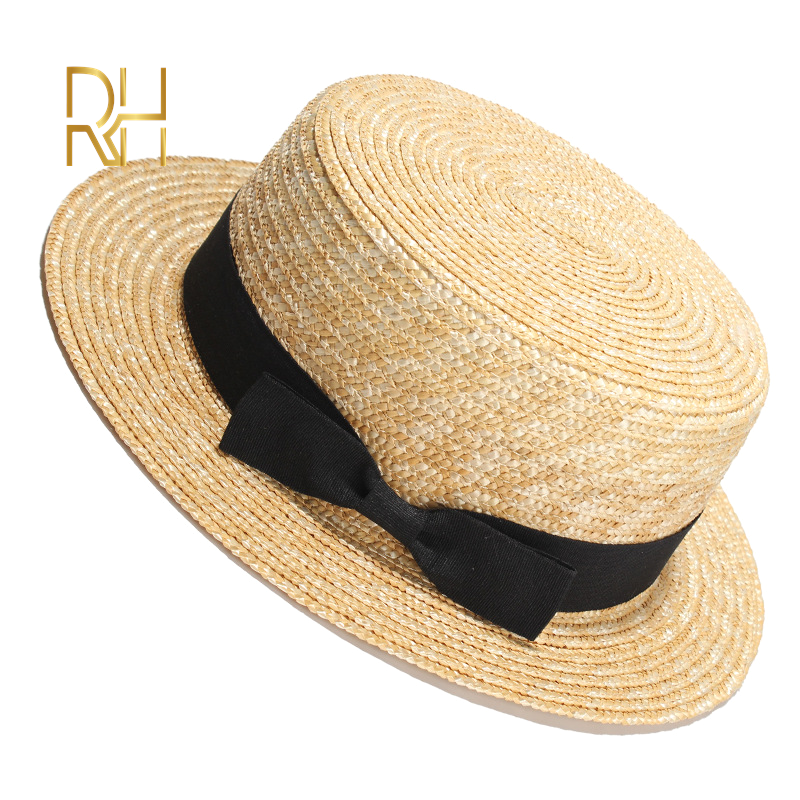 HOT%20Summer%20Female%20Natural%20Stiff%20Wheat%20Straw%20Boater%20Fedora%20Top%20Flat%20Hat%20Women%20Beach%20Flat%20Brim%20Cap%20With%20Red%20Navy%20Stripe%20Ribbon%20RH%20-%20Image%204