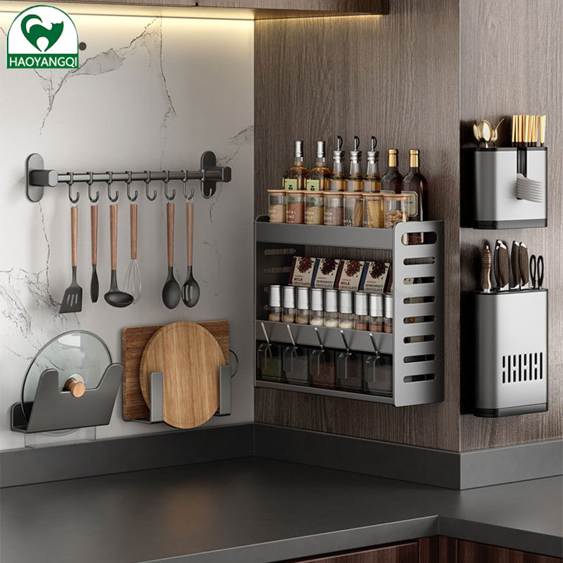 Kitchen shelves, non-perforated, multi-layer countertops, wall-mounted condiment bottles and jars, save space,spice storage boxes, hanging shelves