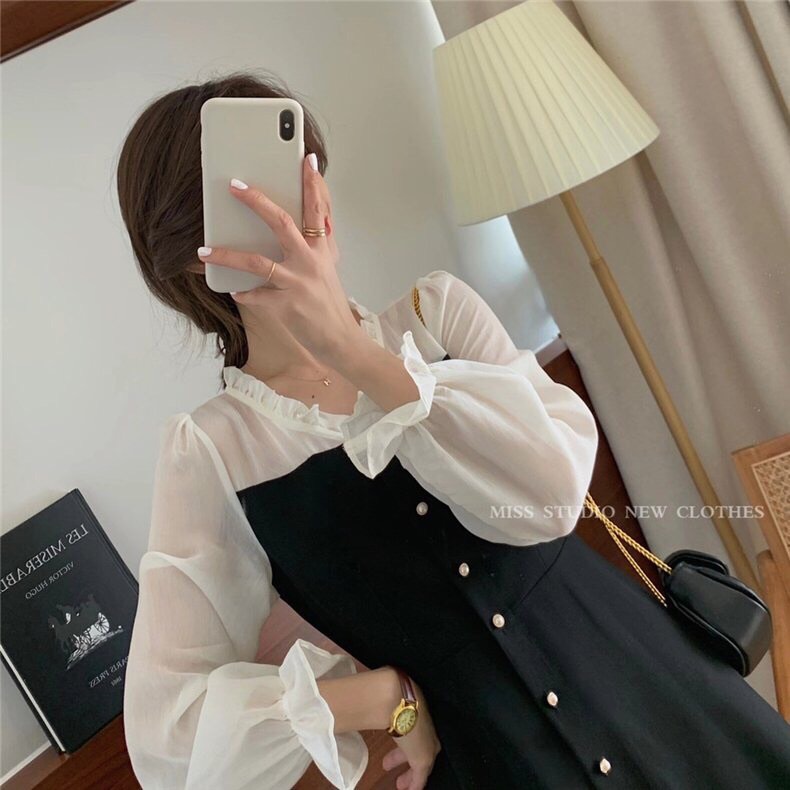 Hani Dress - đầm phối trắng tay dài