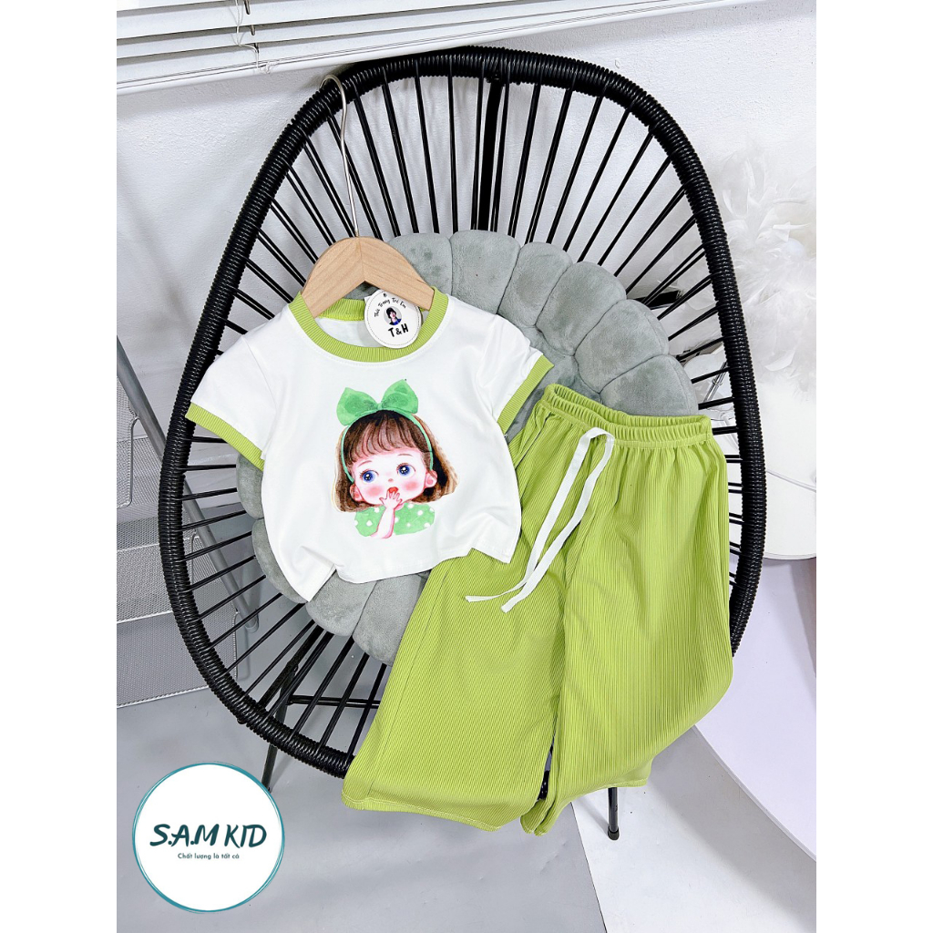 Đồ bộ bé gái quần ống rộng thu gân lụa