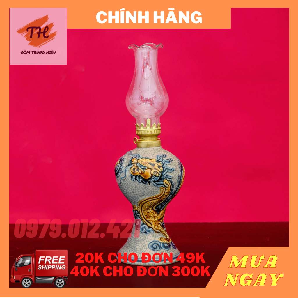 Đèn dầu Bát Tràng men rạn đắp nổi