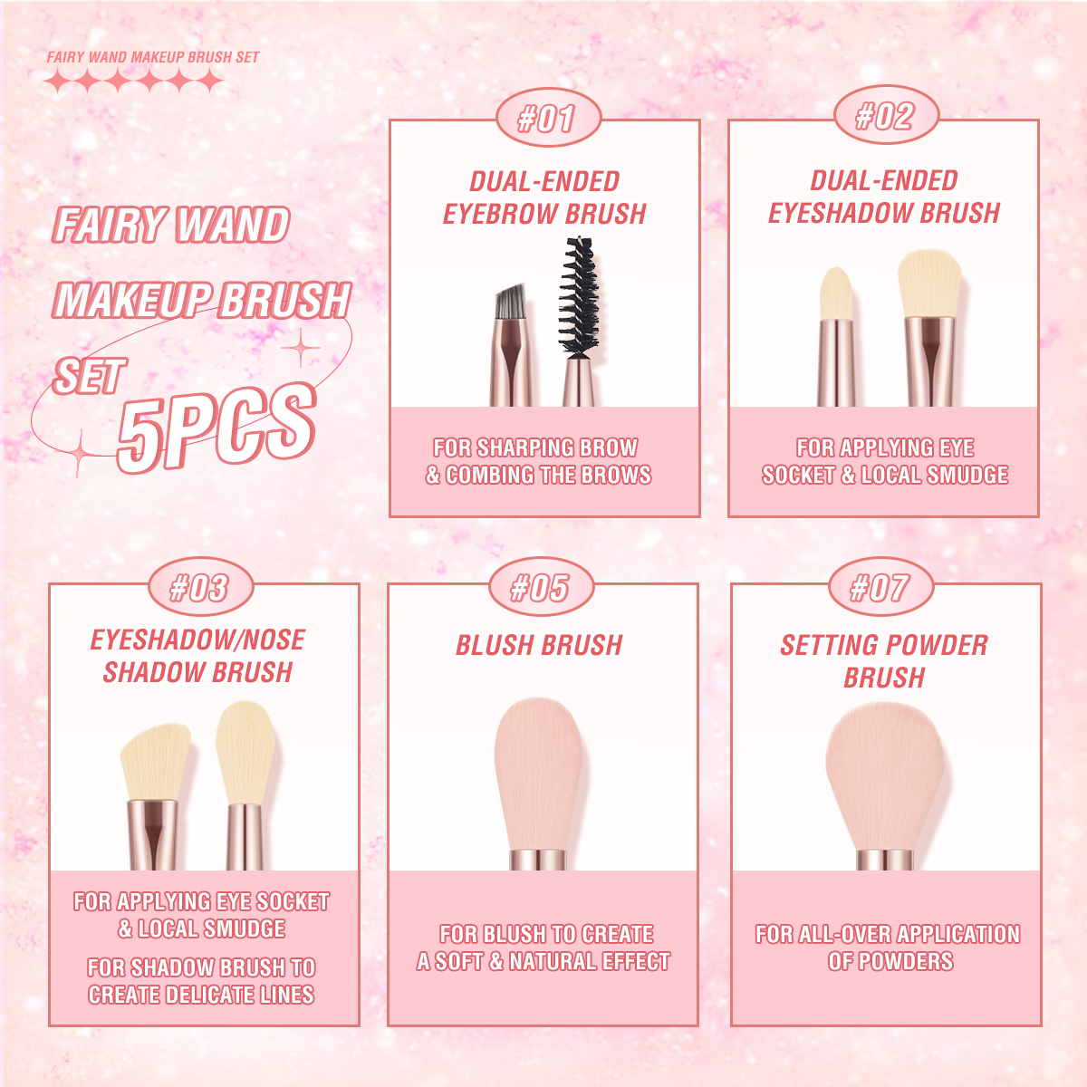PINKFLASH 5PCS Fairy Wand Makeup Brush Set Beauty Brush Makeup Tool Multi-use