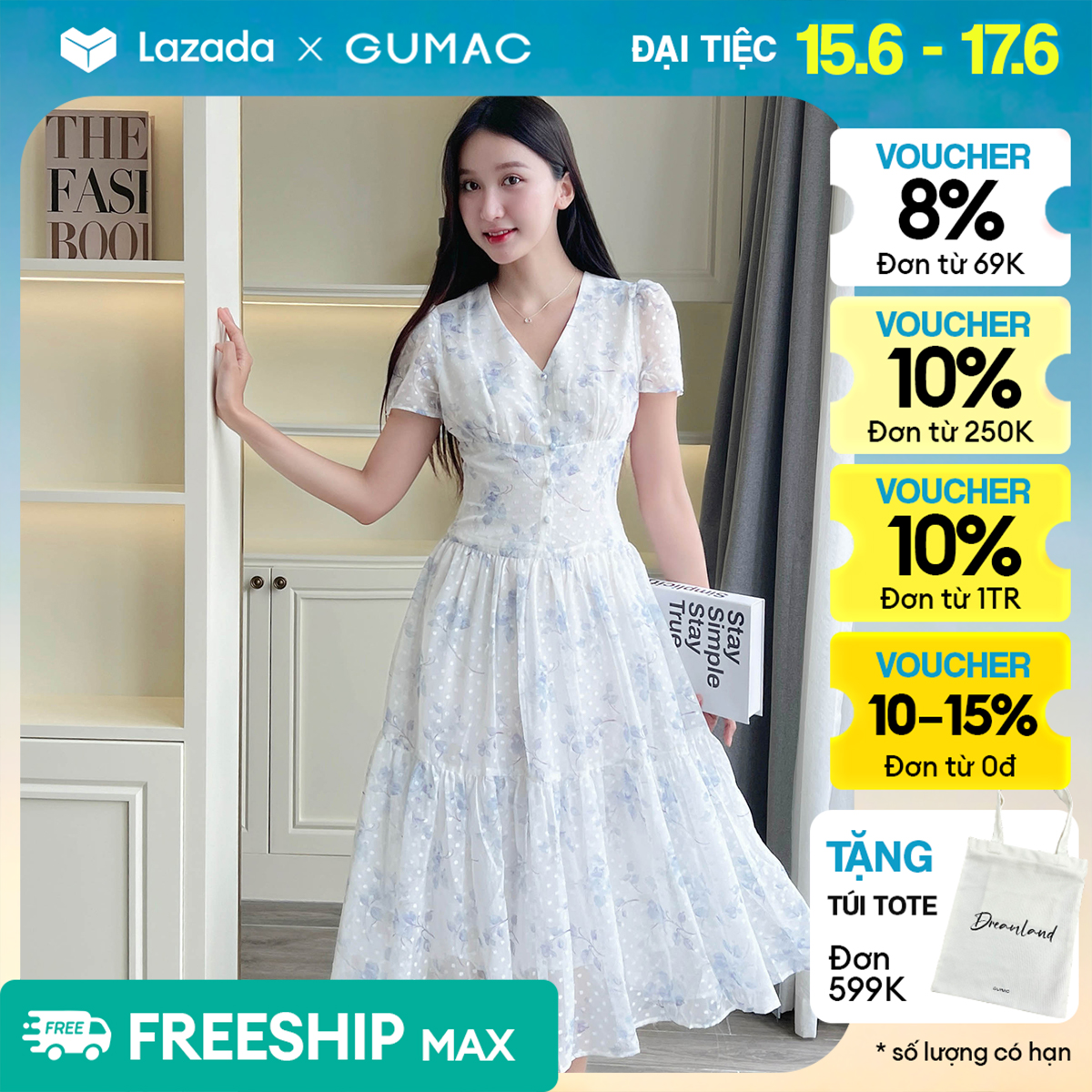 [8.7 - 9.7 |Voucher 8-12%] Đầm xòe rã tầng thời trang GUMAC DE05022