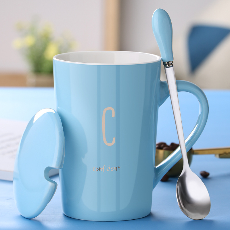Ly cốc sứ bảng chữ cái có nắp thìa cốc uống nước gia đình quà tặng