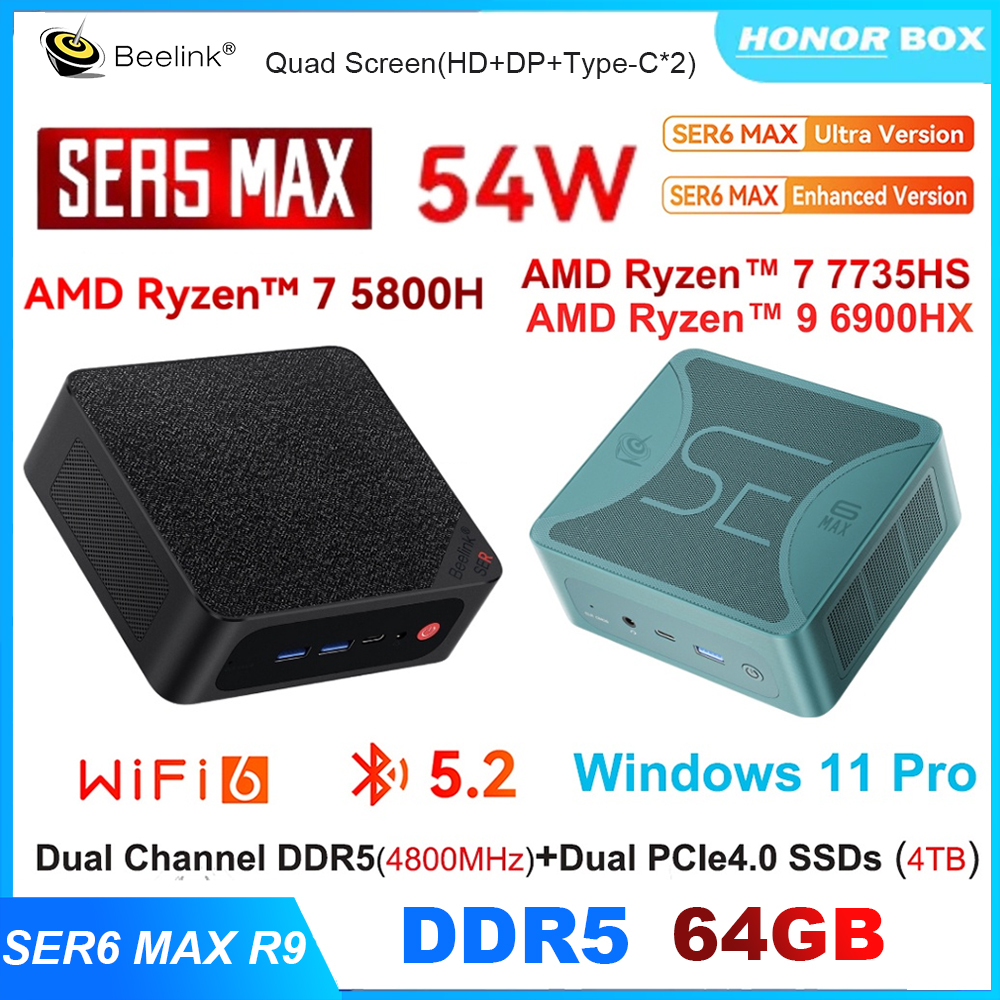 Beelink SER6 Max Mini PC, AMD Ryzen 7 7735HS (8C/16T, Up to 4.75GHz), 32G  DDR5 500GB PCIe4.0 SSD, Radeon 680M Mini Gaming PC Supports 4K@144Hz Quad  Output/HDMI2.1/USB-C/Dual USB4/WiFi6/BT5.2/2.5Gbps