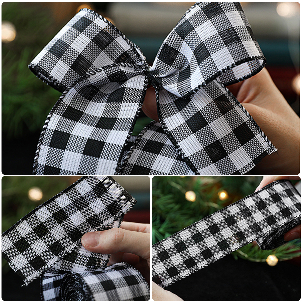 JM 2M/Roll Craft Ribbon Imitation Ribbon Wire Wire Edge Linen Ribbon Christmas Decoration Black and White Snowflake Plaid Ribbon. 