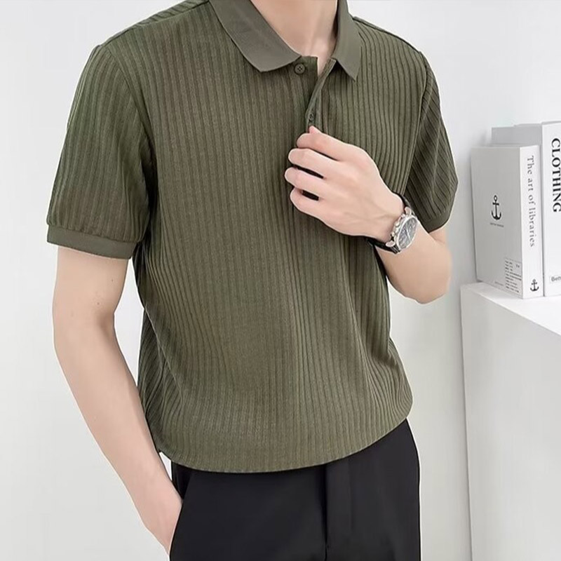 EERSHENSHI Men's Striped Solid Color Short Sleeve Polo Shirt Casual retro versatile lapel T-shirt