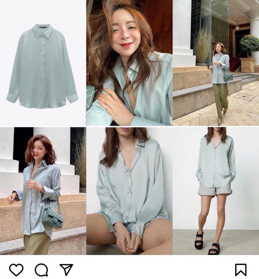 Áo sơ mi nữ dài tay lụa bóng cổ đức vạt tròn ZARA