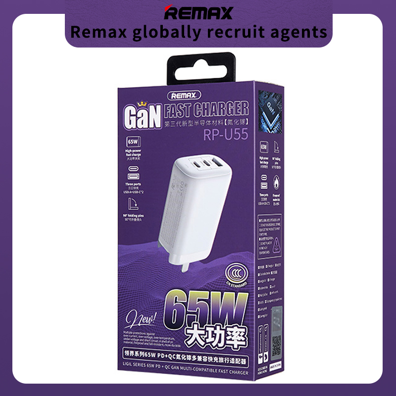 Remax Adapter Fast Charger 3-Port pd charger 65W Original Wall Charger ...