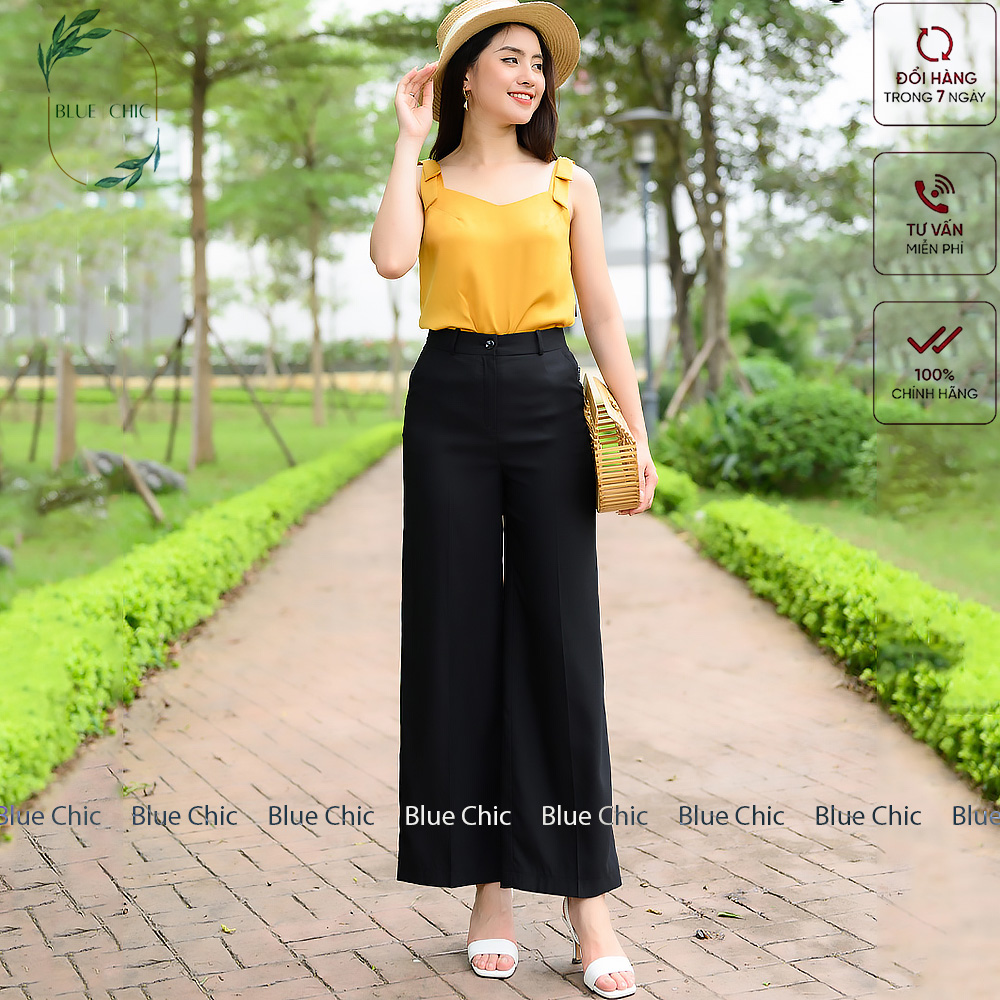 Wide Blue chic waist high baggy cloth female long suông flared culottes xuông Black