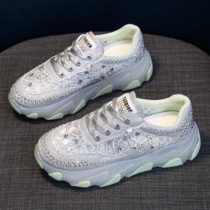 Giày Sneaker Cột Dây Đính Đá Kim Sa Thoáng Khí