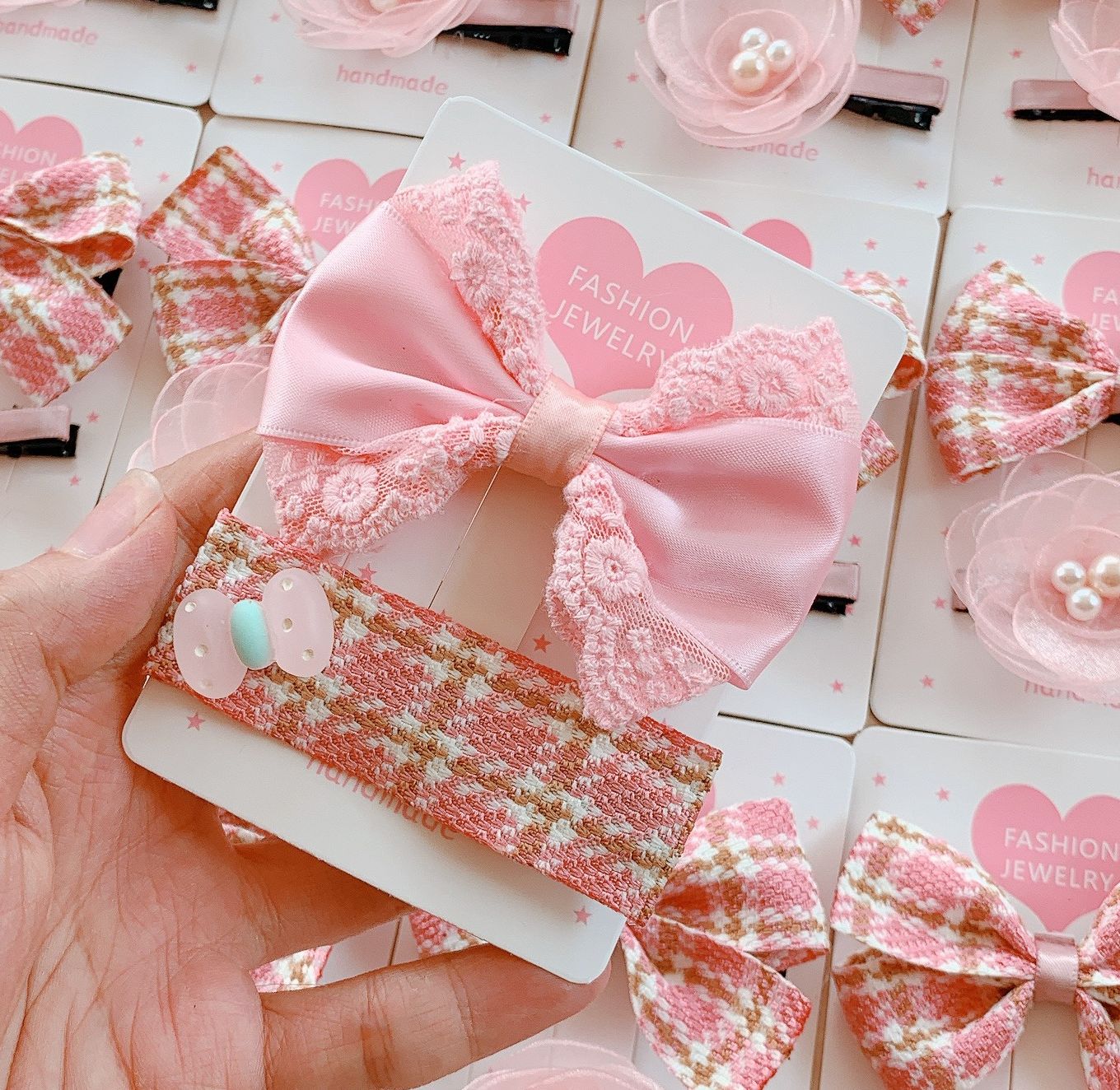 [HCM] Set 2/5 kẹp nơ handmade đỏ hồng cho bé sang chảnh xịn xò phong cách Hàn Quốc - kẹp tóc công chúa- Selenshop