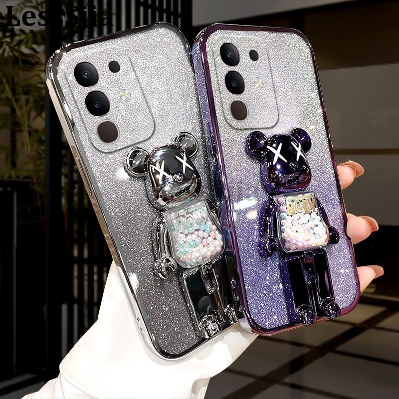 Phone cover Vivo Y29 4G Back Case with Cartoon 3D Bear Stand Luxury Slim Gradient Plating Glitter Girls Stylish For Vivo Y29 4G Phone cases.