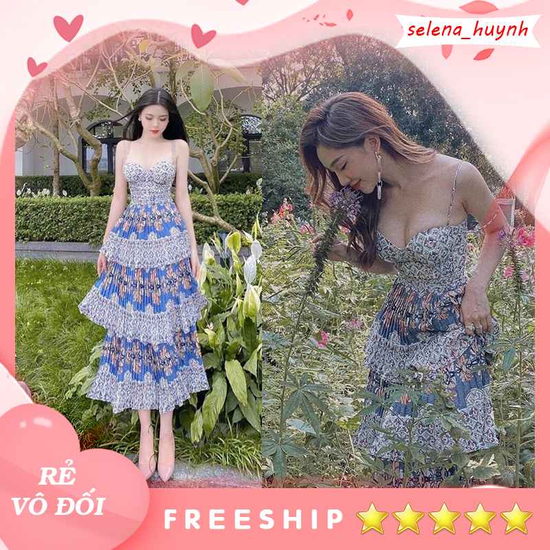 Đầm maxi 2dây tầng xanh thổ cẩm dập ly sẵn mút ngực SELENA93