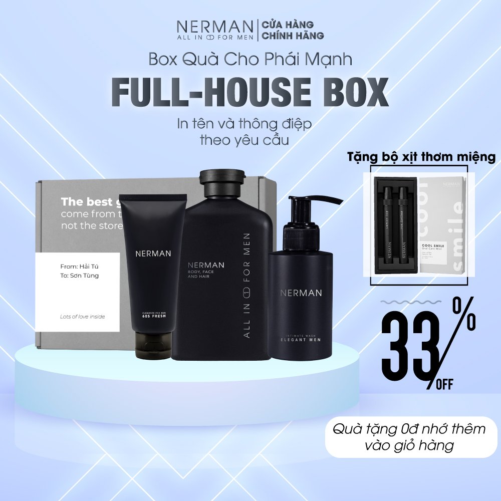 Bộ quà tặng nam giới FULL-HOUSE BOX – Sữa tắm gội hương nước hoa 3in1 350ml & Dung dịch vệ sinh nam giới 50g & Gel rửa mặt Nano Curcumin 100ml