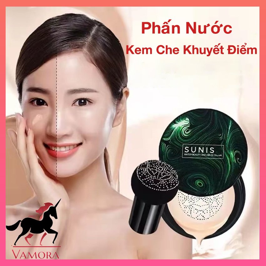 Phấn nước không trôi sunisa, kem che khuyết điểm cao cấp kiềm dầu, phấn phủ sunisa, phấn phủ có kem chống nắng nhẹ, như kem nền, phấn kèm cọ - vamora