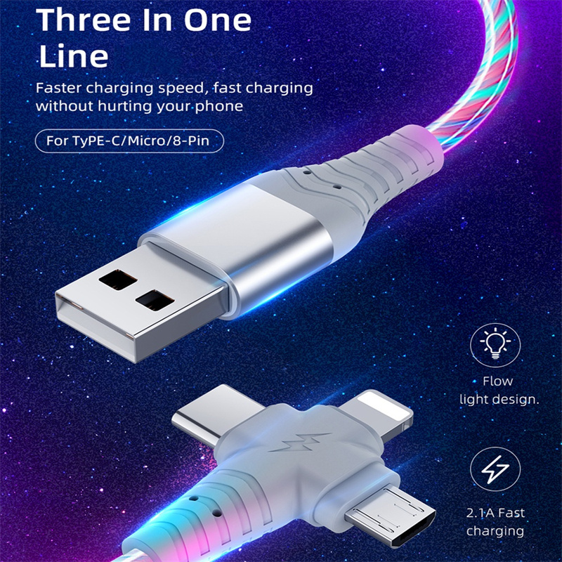 Cáp Sạc Phát Sáng LED 3 Trong 1 Bộ Sạc Nhanh Phát Sáng USB Type C Dây Micro USB Tương Thích Với Điện Thoại iPhone Android Cáp USB Chiếu Sáng