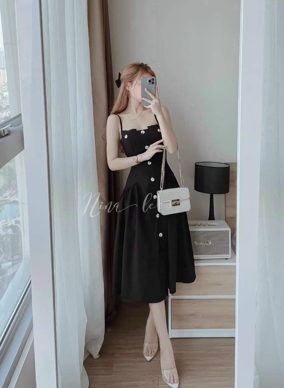 [Đầm Mới] Đầm Váy Nữ hai dây cài Nút siêu xinh