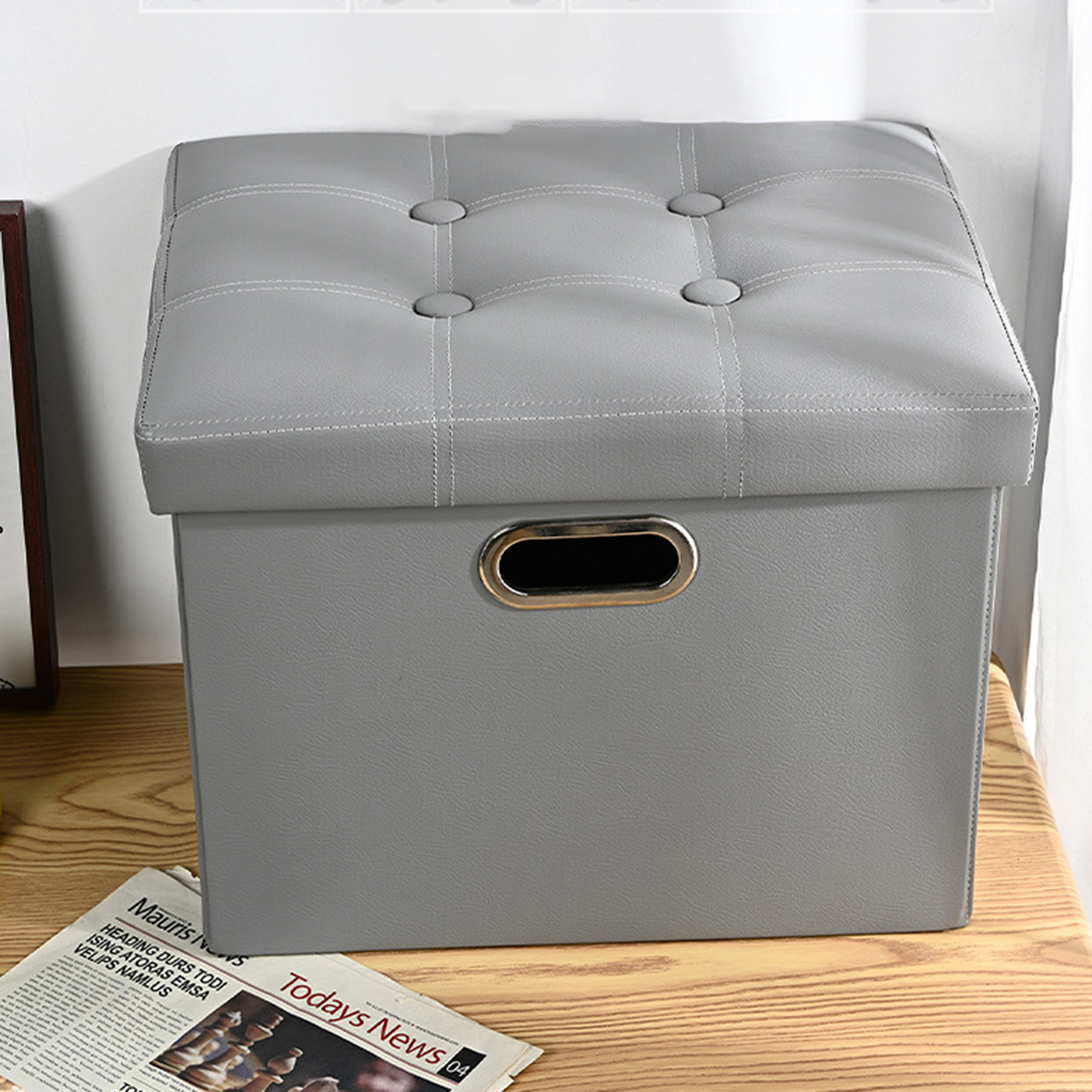 Storage Stool with Handle Foldable Strong Load Bearing Faux Leather Versatile Storage Ottomans Cube Seat