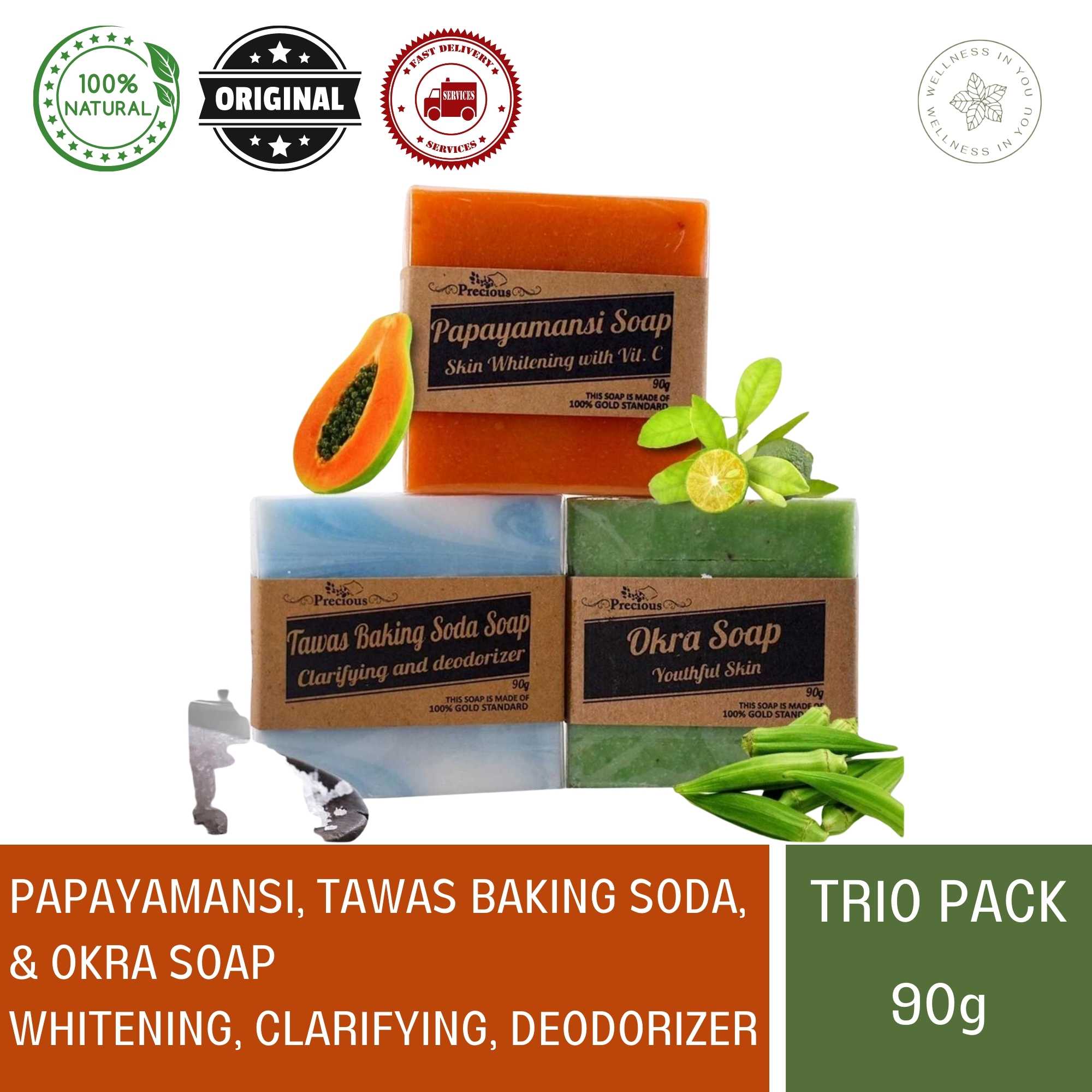 Natural Trio Pack Soap (Papayamansi Soap, Tawas Baking Soda Soap and