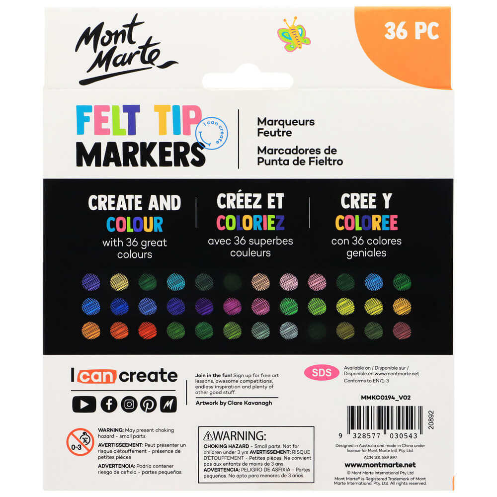 Mont Marte Kids Felt Tip Markers 36pc-Basic.