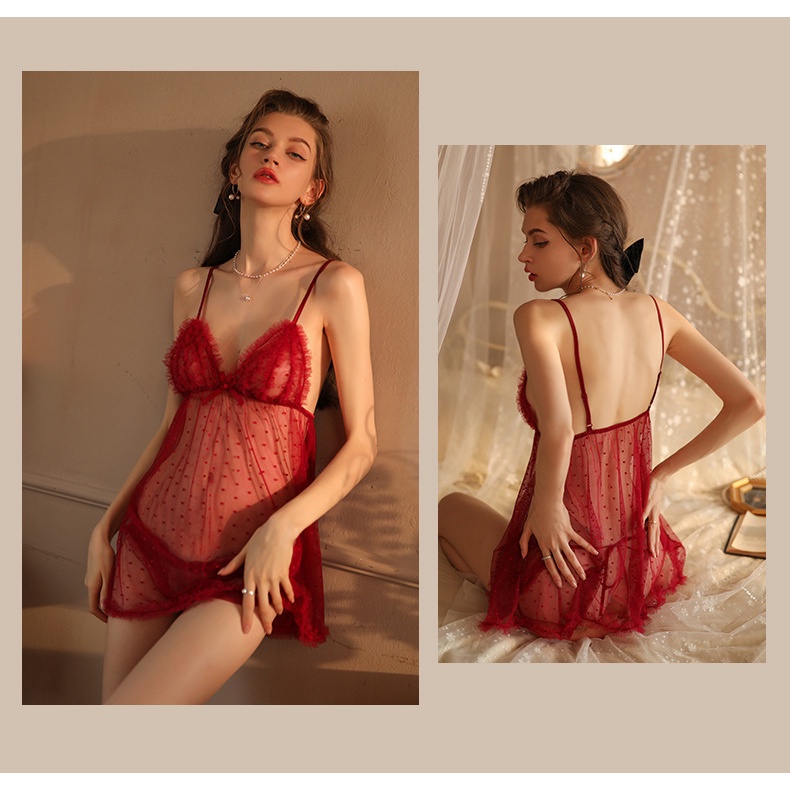 Váy ngủ ren chấm bi ren bèo gợi cảm 5666