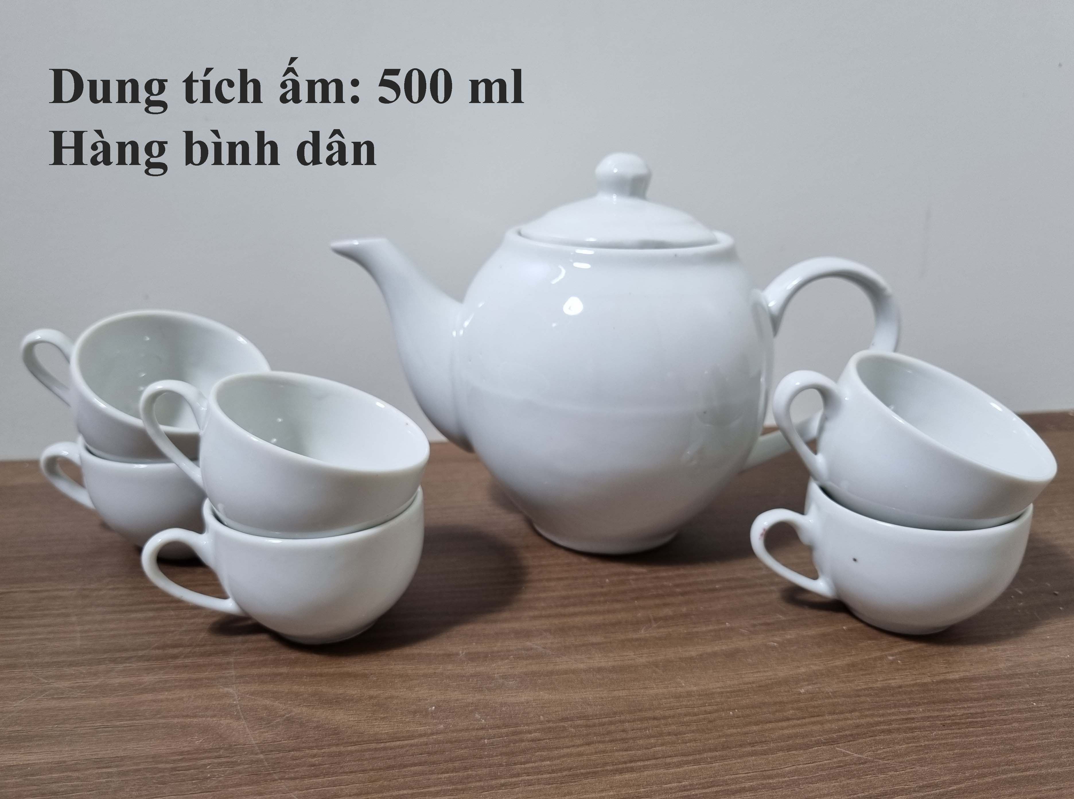 Bộ trà/bộ ấm chén trắng, hàng bình dân, không đĩa kê, dung tích 500 ml