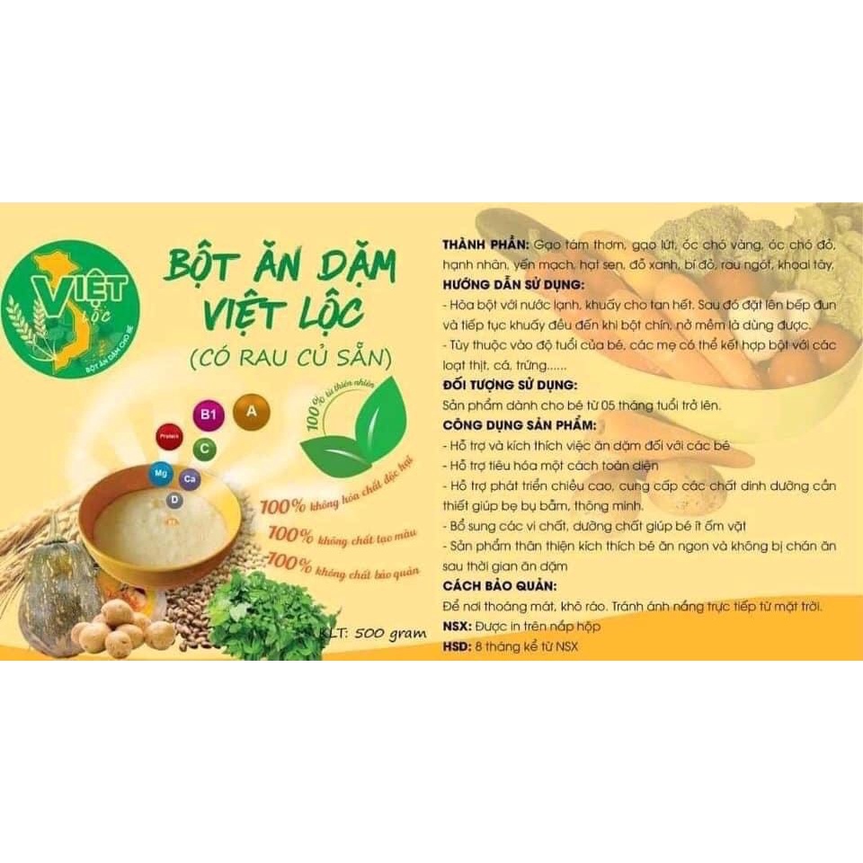 Bột ăn dặm Việt Lộc cho bé từ 4 tháng trở lên( 2 hộp 1 ký ,freeship)