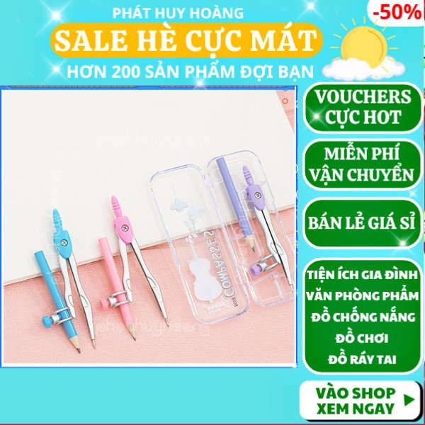 Bộ compa vẽ hình tròn bằng thép , phổ thông có hộp đựng tránh nguy hiểm dễ dàng sử dụng, , dụng cụ học tập  ,dụng cụ học sinh , đồ dùng học tập, Phát Huy Hoàng