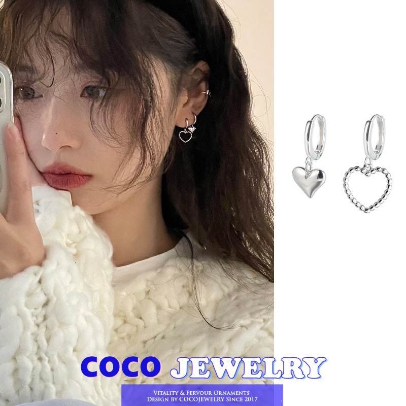 COCOJEWELRY S925 Silver Needle Asymmetric Earrings for Women Sweet and Simple Hollow Love Earrings