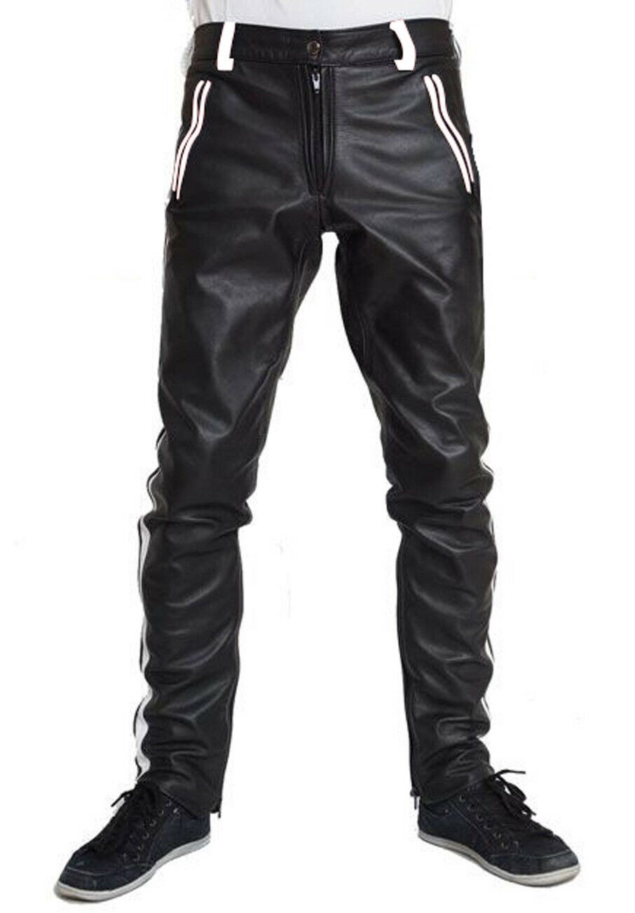 Men's COWHIDE LEATHER PANTS COLOR STRIPES BIKERS PANTS