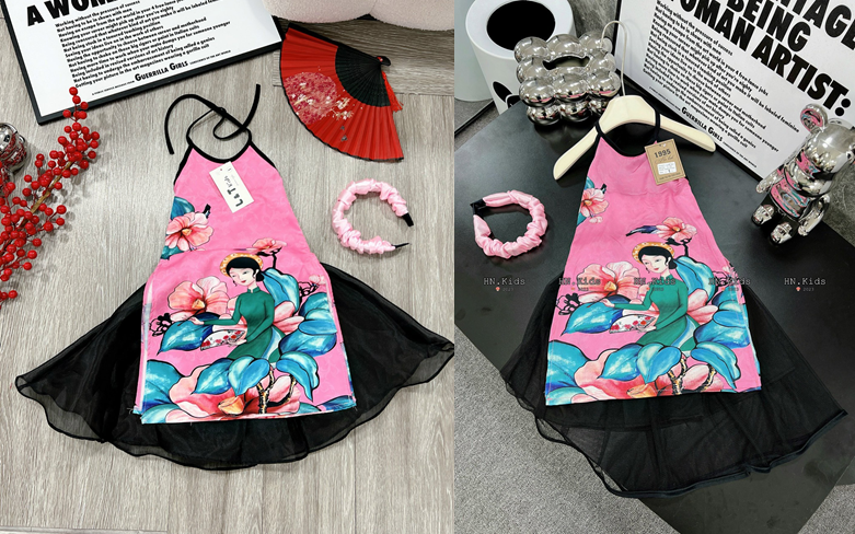 Size 10-30kg: áo dài cách tân bé gái dáng yếm độc lạ kèm bờm xược - adcty