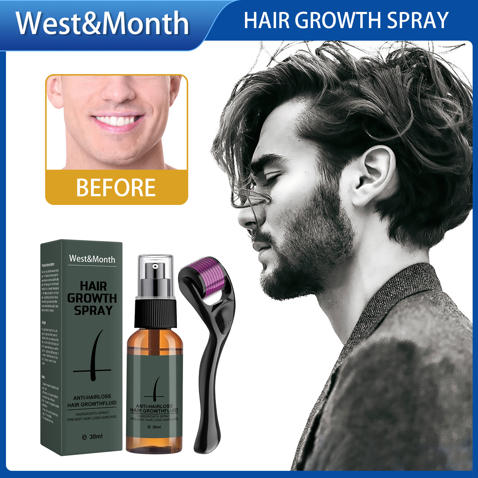 West Month Beard Growth Oil สำหรับผู้ชาย Hair Growth Spray Beard Growth ...