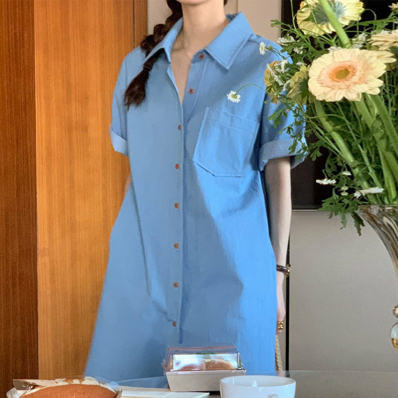 韩国NUOVPAUL夏季复古方领明线设计宽松休闲短袖牛仔连衣裙短裙女