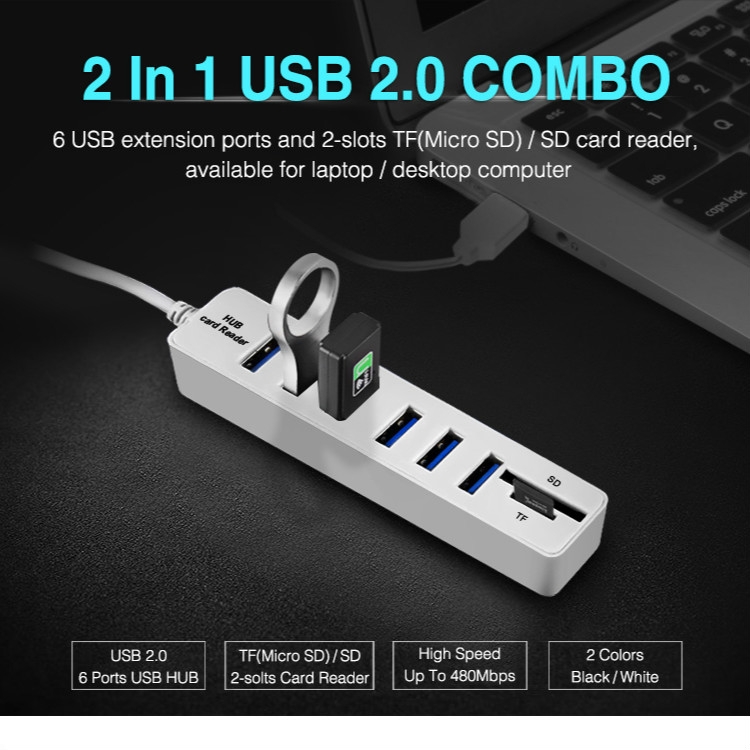 Multi USB 2.0 Hub USB Splitter High Speed 6 Ports with TF SD Card Reader (iRepairParts)