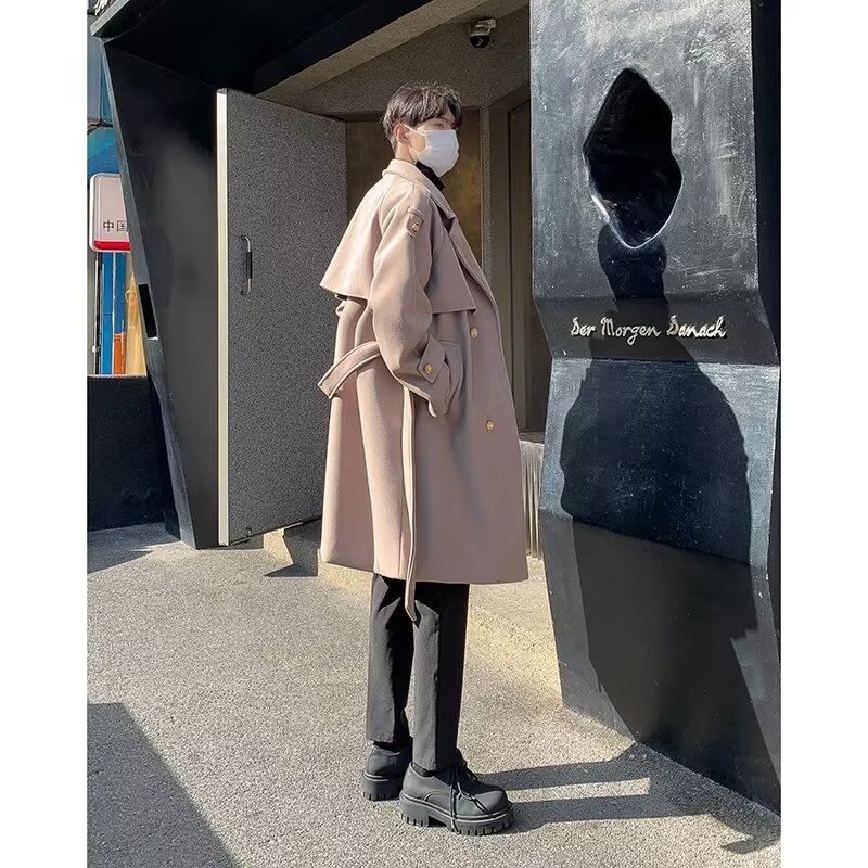 TIDE BEAR Men's trench coat - Belt-style wool coat Men's mid-length high-grade trench coat Stylish loose casual jacket