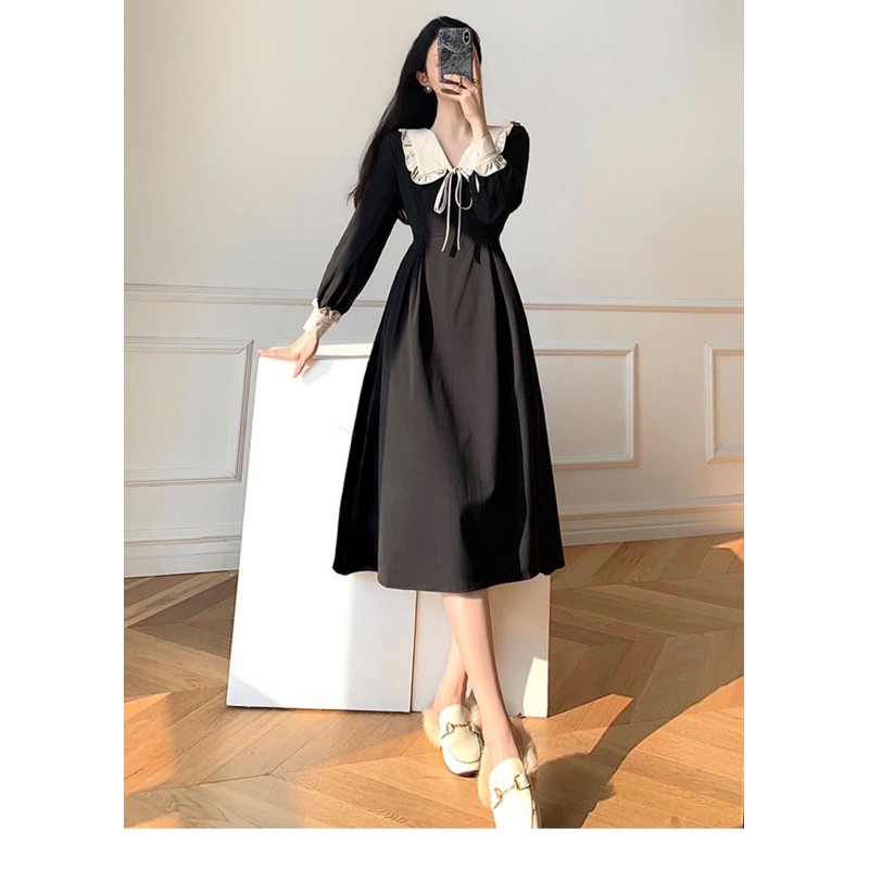 Đầm xòe nơ cổ tiểu thư cổ bèo cột nơ tay dài có nơ siêu thanh lịch màu đen Nhi's Fashon-M52