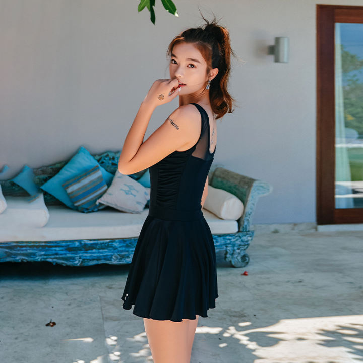 361 Bathing Suit Ladies One Piece Dress Conservative Cover Belly Show Thin Black Sexy L New Spa Swimwear Lazada